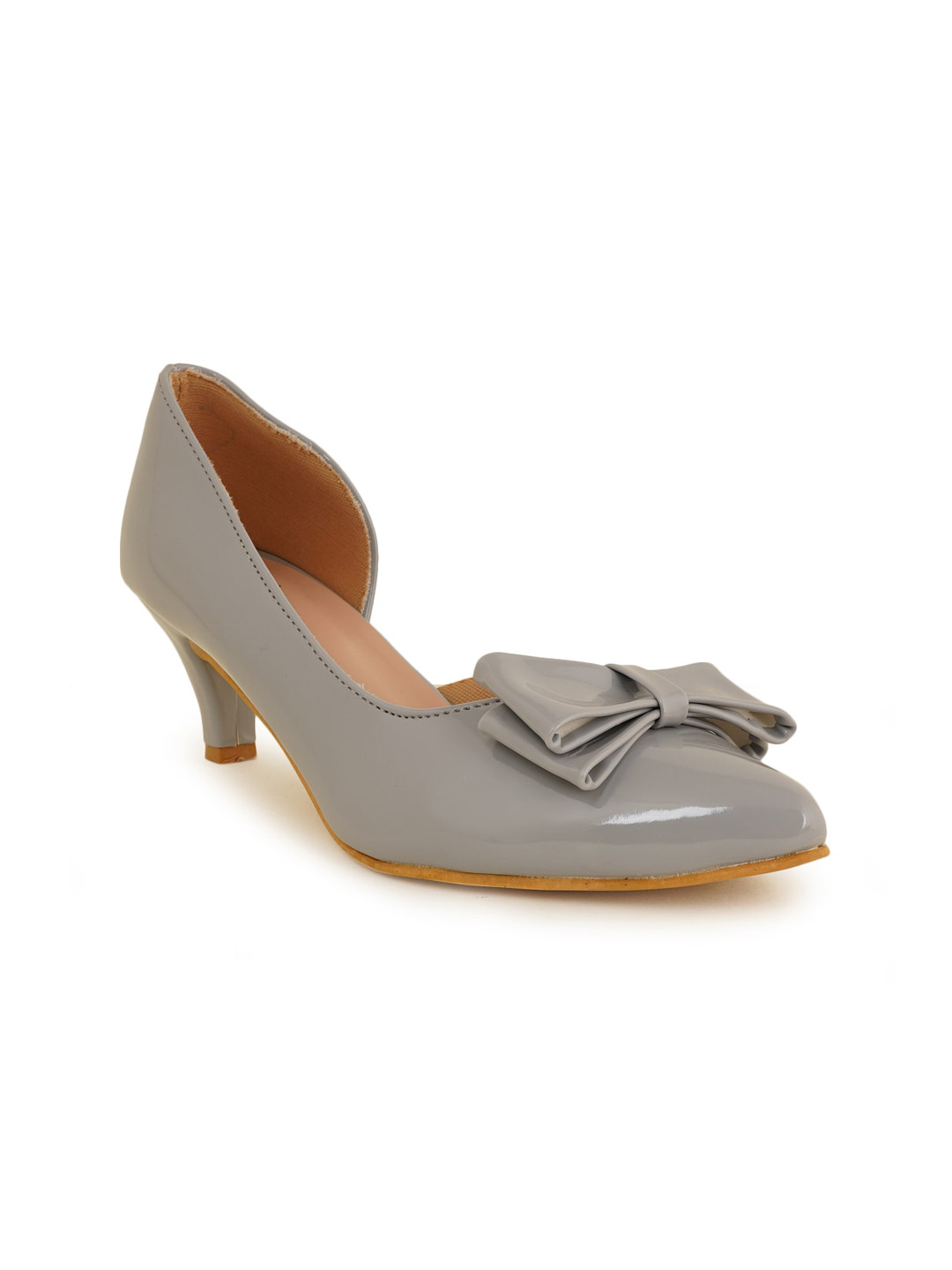 

SAPATOS Pointed Toe Kitten Closed Back Pumps With Bow, Grey