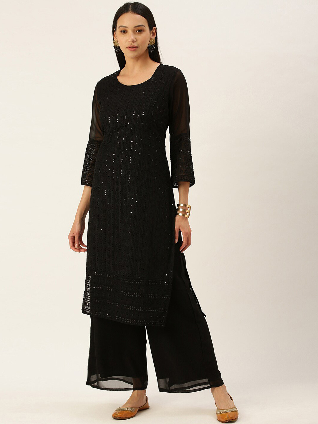 

SWAGG INDIA Ethnic Motifs Embroidered Chikankari Sequined Straight Kurta with Palazzos, Black