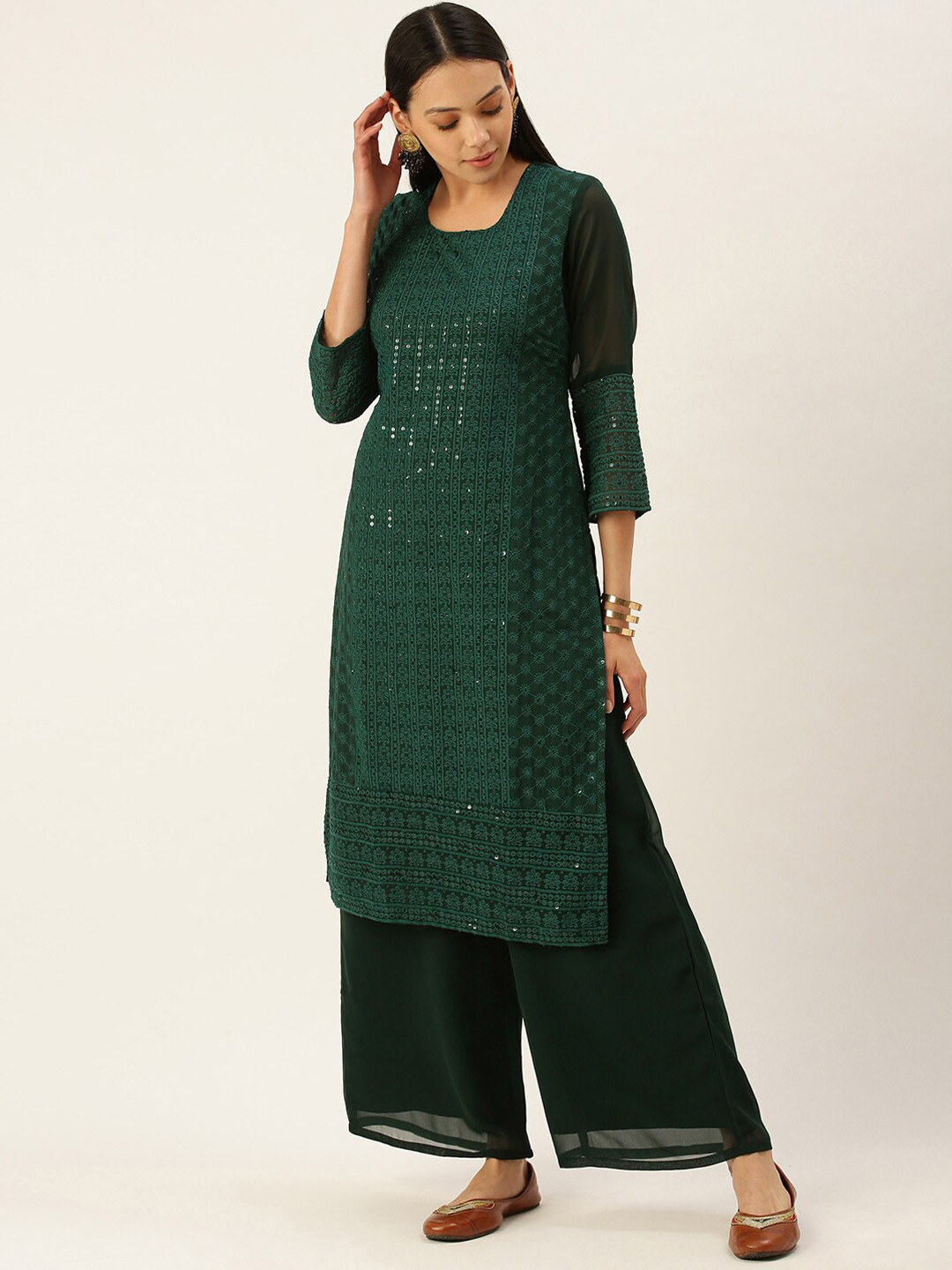 

SWAGG INDIA Ethnic Motifs Embroidered Chikankari Sequined Straight Kurta with Palazzos, Teal