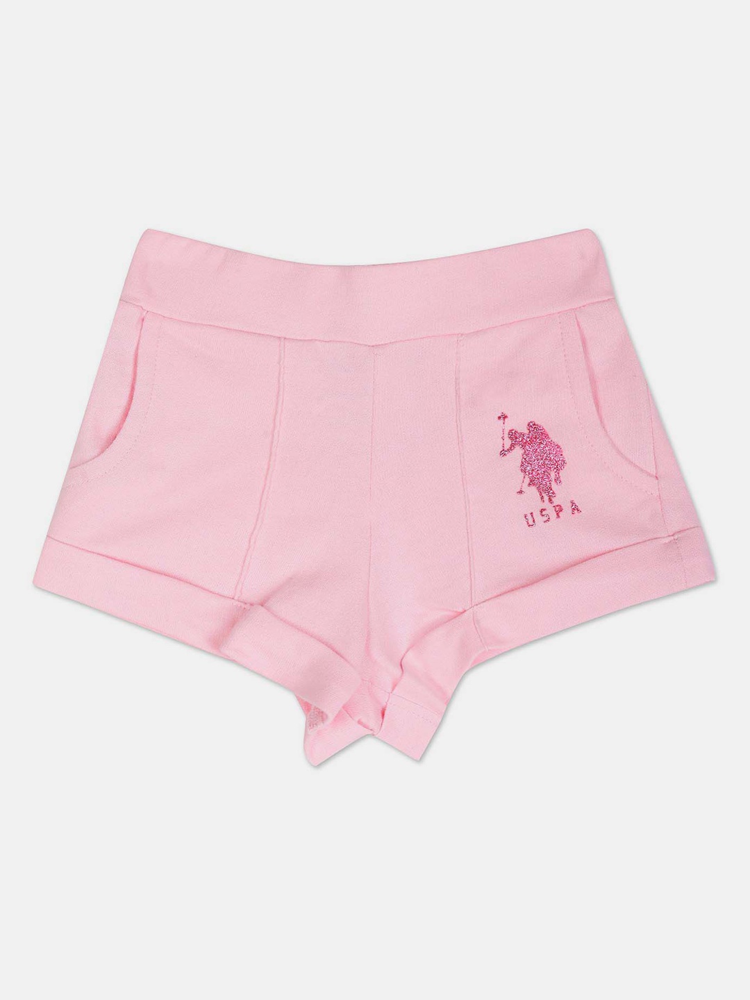 

U.S. Polo Assn. Kids Girls Mid-Rise Embroidered Detail Pure Cotton Shorts, Pink