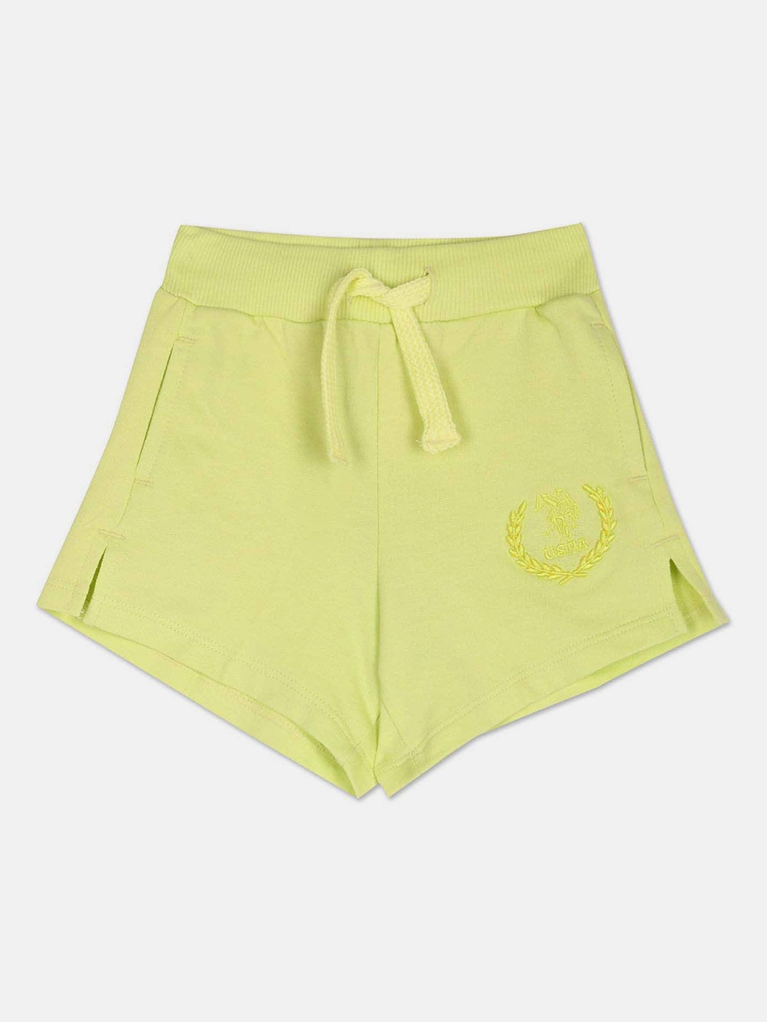 

U.S. Polo Assn. Kids Girls Mid-Rise Embroidered Detail Pure Cotton Shorts, Fluorescent green