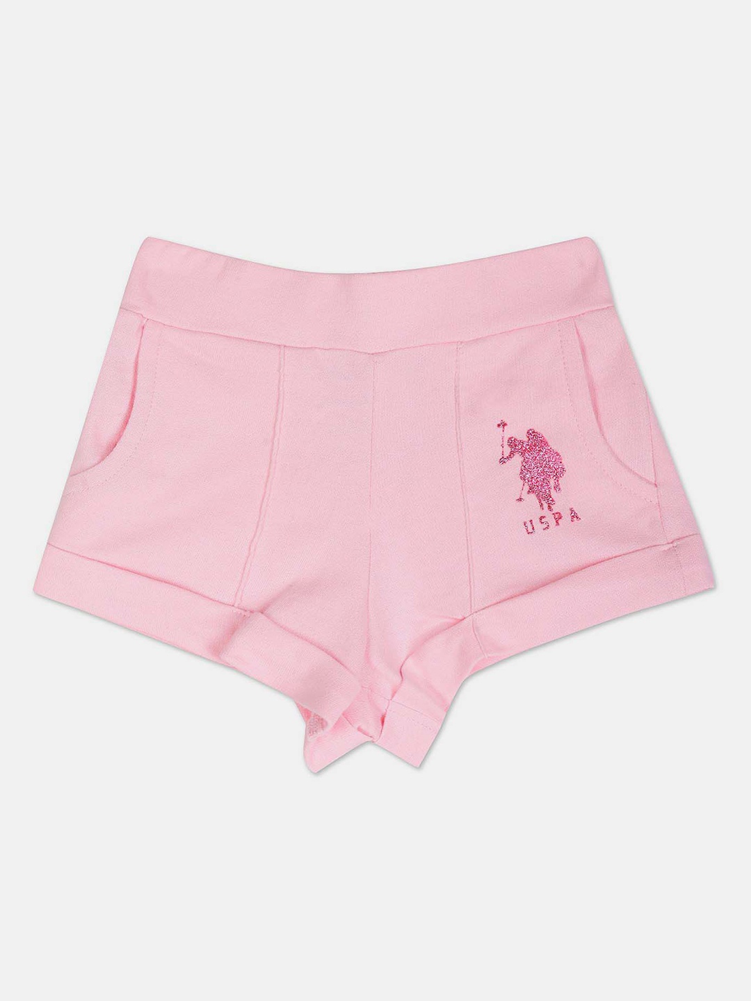 

U.S. Polo Assn. Kids Girls Mid-Rise Embroidered Details Pure Cotton Shorts, Pink