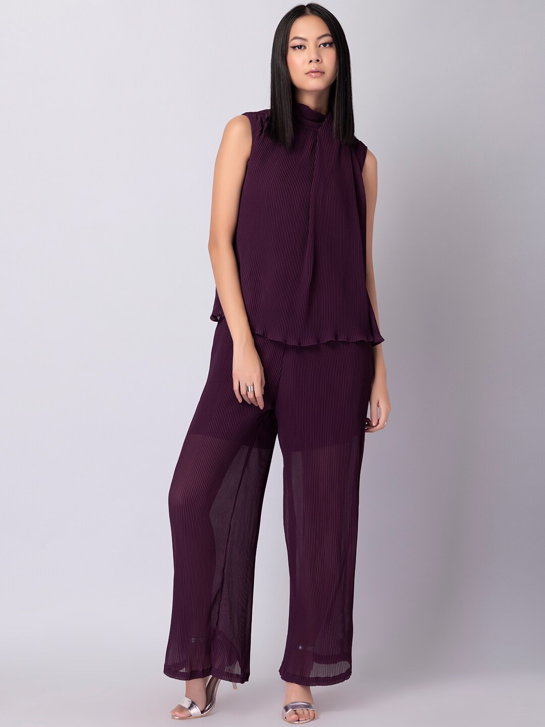 

FabAlley Women Pleated High Neck Top With Trouser, Purple