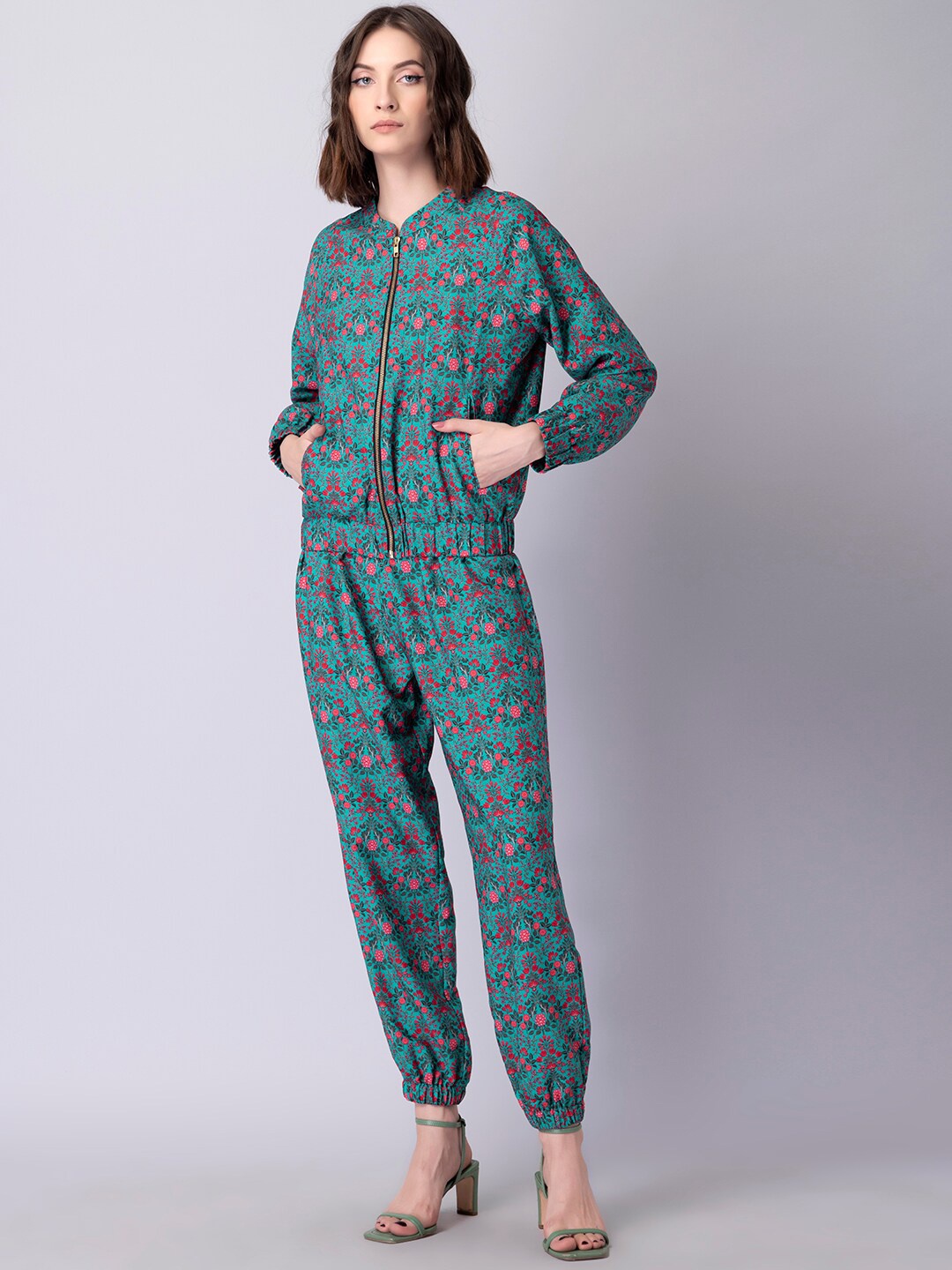 FabAlley Floral Printed Bomber Jacket and Jogger Pants Co-ord Set, Green