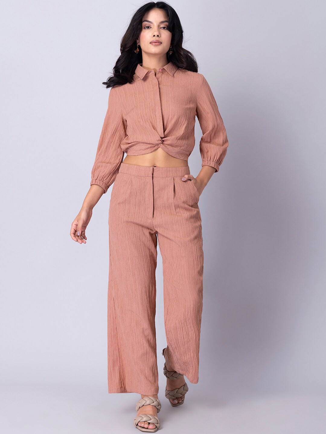 

FabAlley Self Design Front Knot Shirt & Trousers, Peach