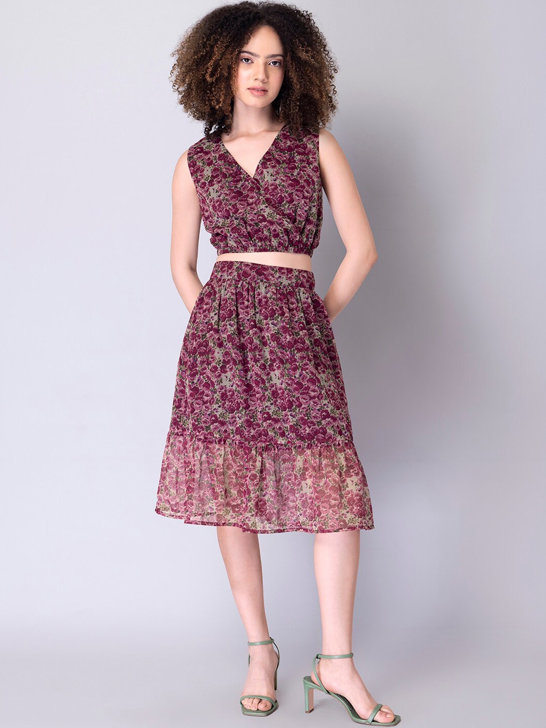 

FabAlley Floral Printed Cropped Top & Midi Skirt, Pink
