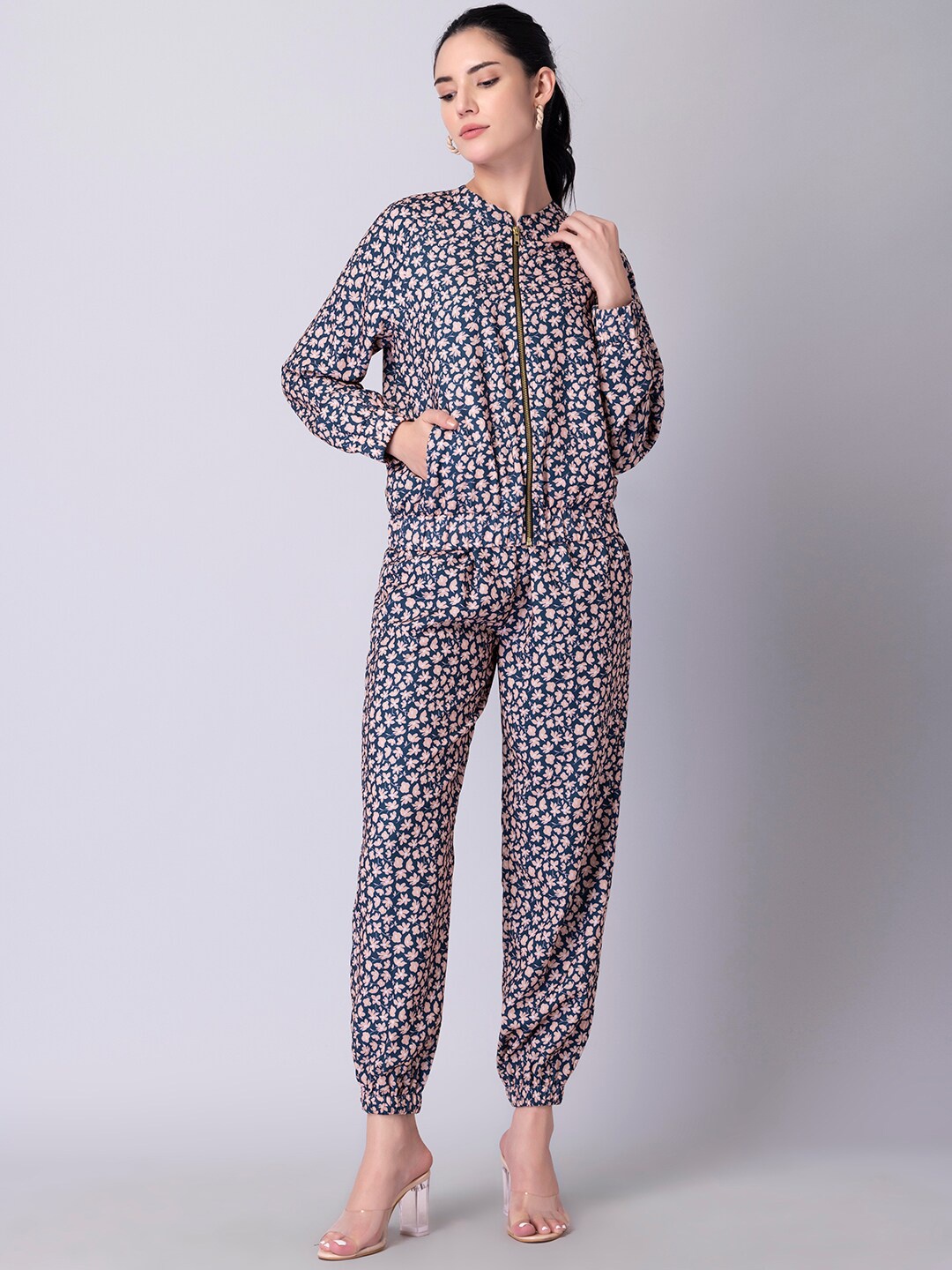 

FabAlley Floral Printed Bomber Jacket & Joggers, Navy blue