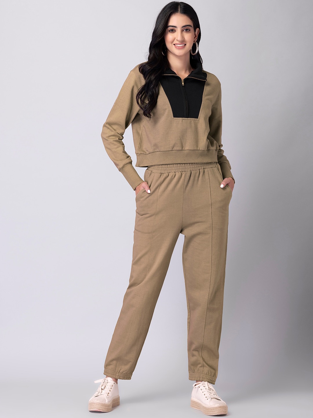 

FabAlley Women Colourblocked Shirt Collar Sweatshirt and Joggers, Beige