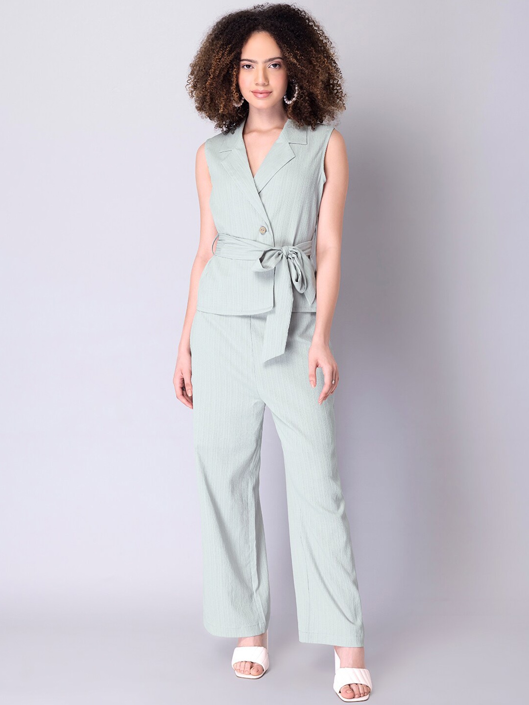 

FabAlley Sleeveless Lapel Collar Belted Top & Trouser, Grey