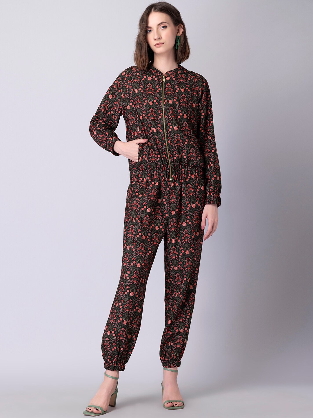 

FabAlley Floral Printed Mandarin Collar Bomber Jacket and Slip-On Jogger, Black