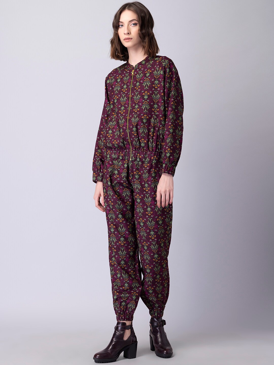 

FabAlley Floral Printed Viscose Rayon Bomber Jacket & Joggers, Maroon