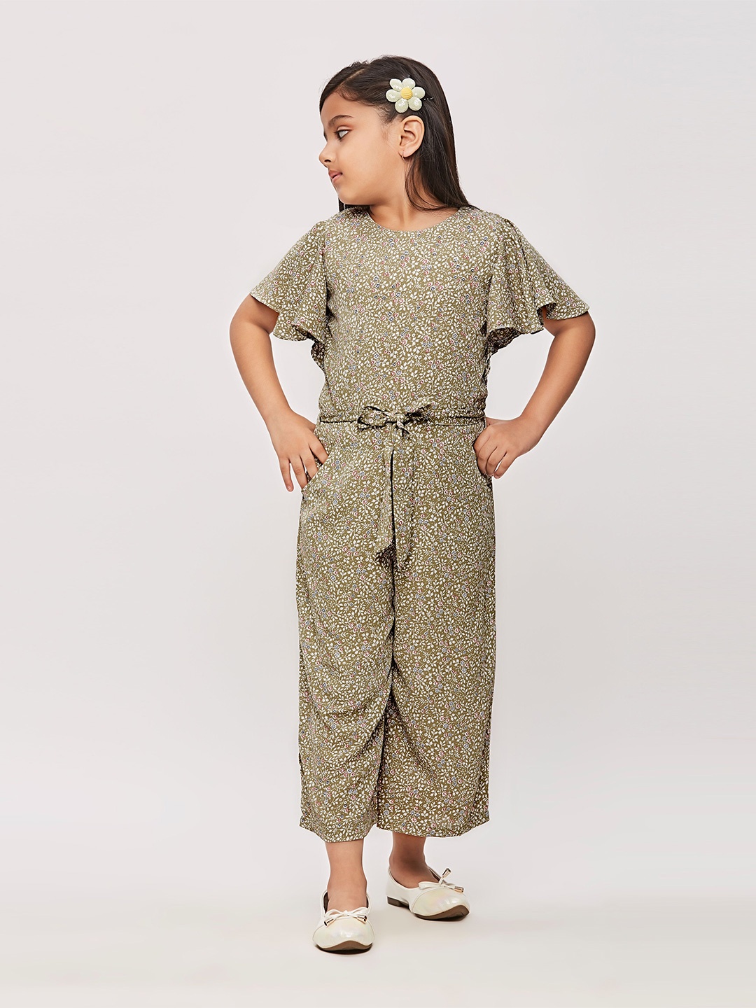 

Tiny Girl Printed Flared Sleeves Basic Jumpsuit, Green