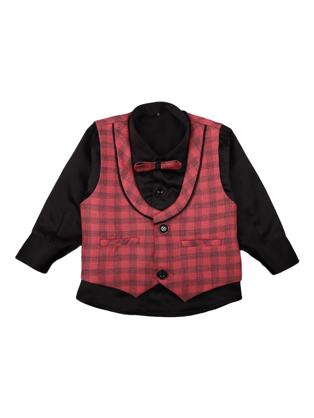 

V-Mart Boys Checked Single Breasted Formal Shirt With Waistcoat, Black