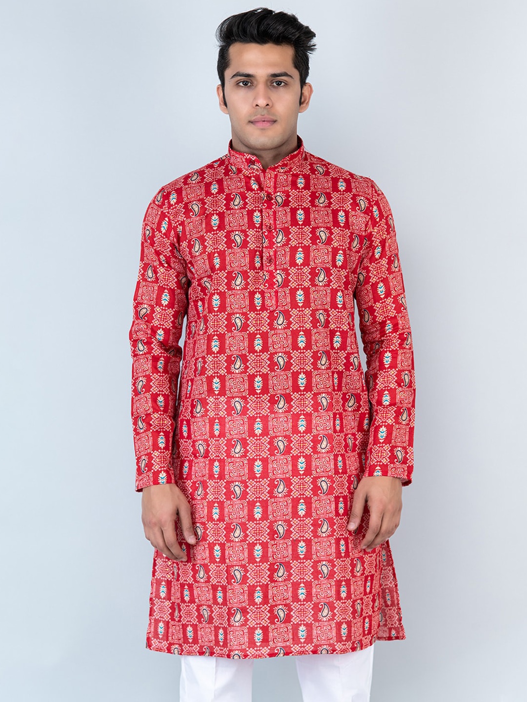 

Tistabene Paisley Printed Mandarin Collar Pure Cotton Kurta, Red