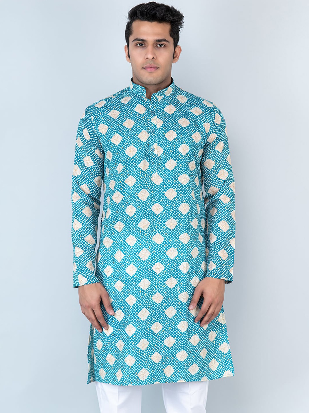 

Tistabene Bandhani Printed Mandarin Collar Cotton Kurta, Blue