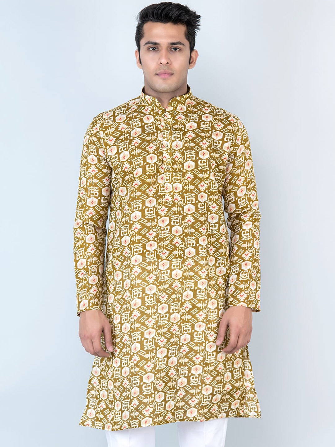 

Tistabene Mandarin Collar Ethnic Motifs Block Printed Cotton Straight Kurta, Green