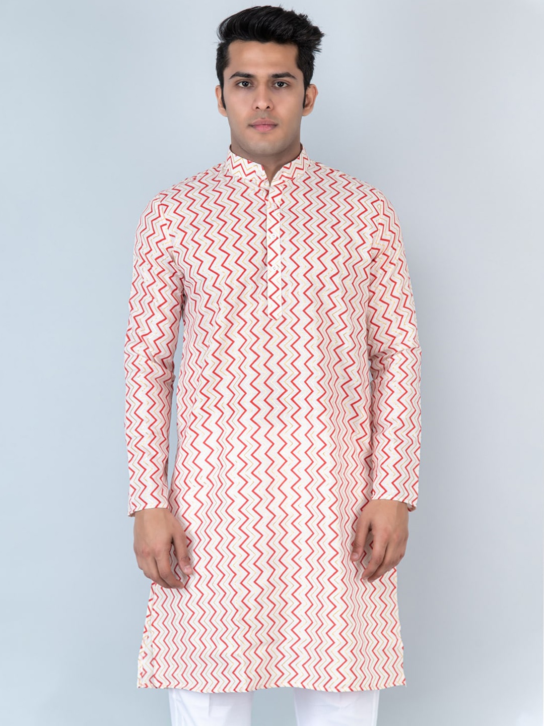 

Tistabene Chevron Printed Mandarin Collar Cotton Kurta, Red