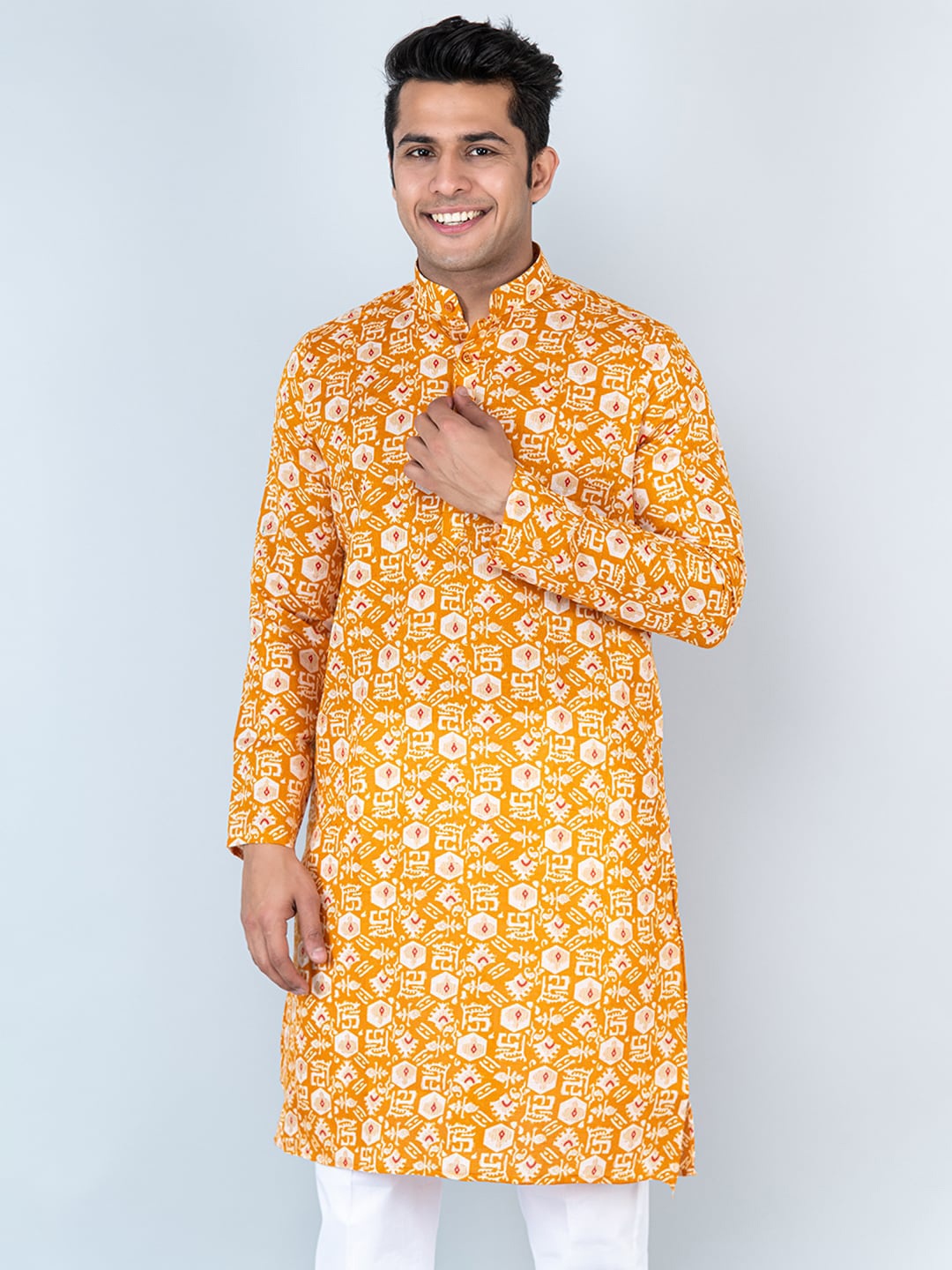 

Tistabene Ethnic Motif Printed Mandarin Collar Cotton Kurta, Mustard