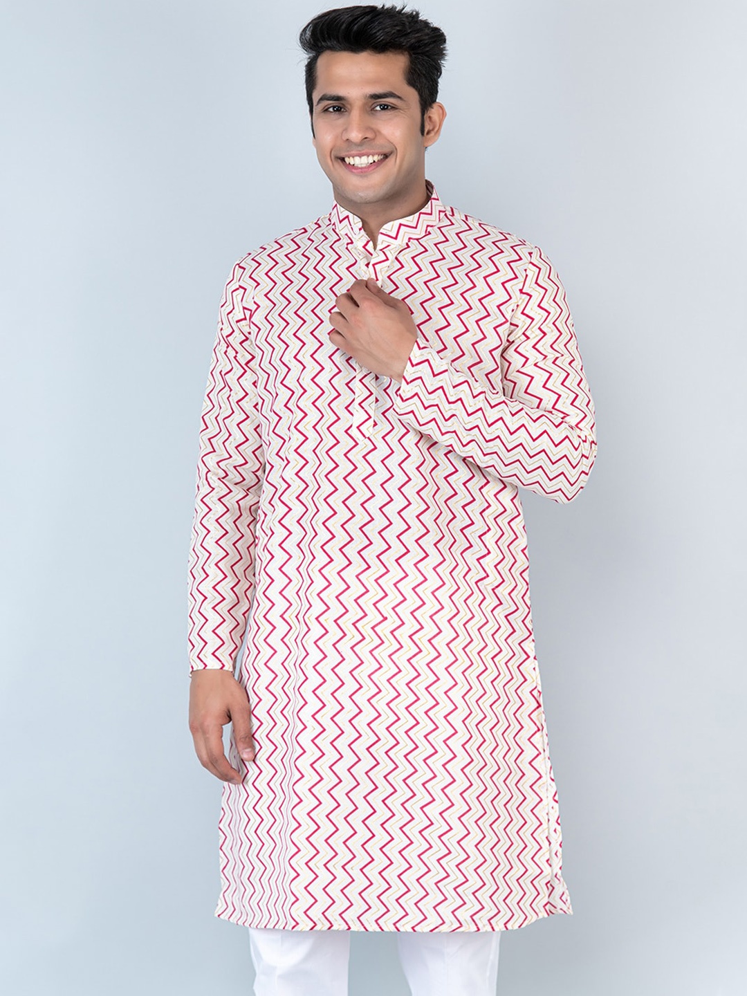 

Tistabene Chevron Printed Mandarin Collar Cotton Kurta, White