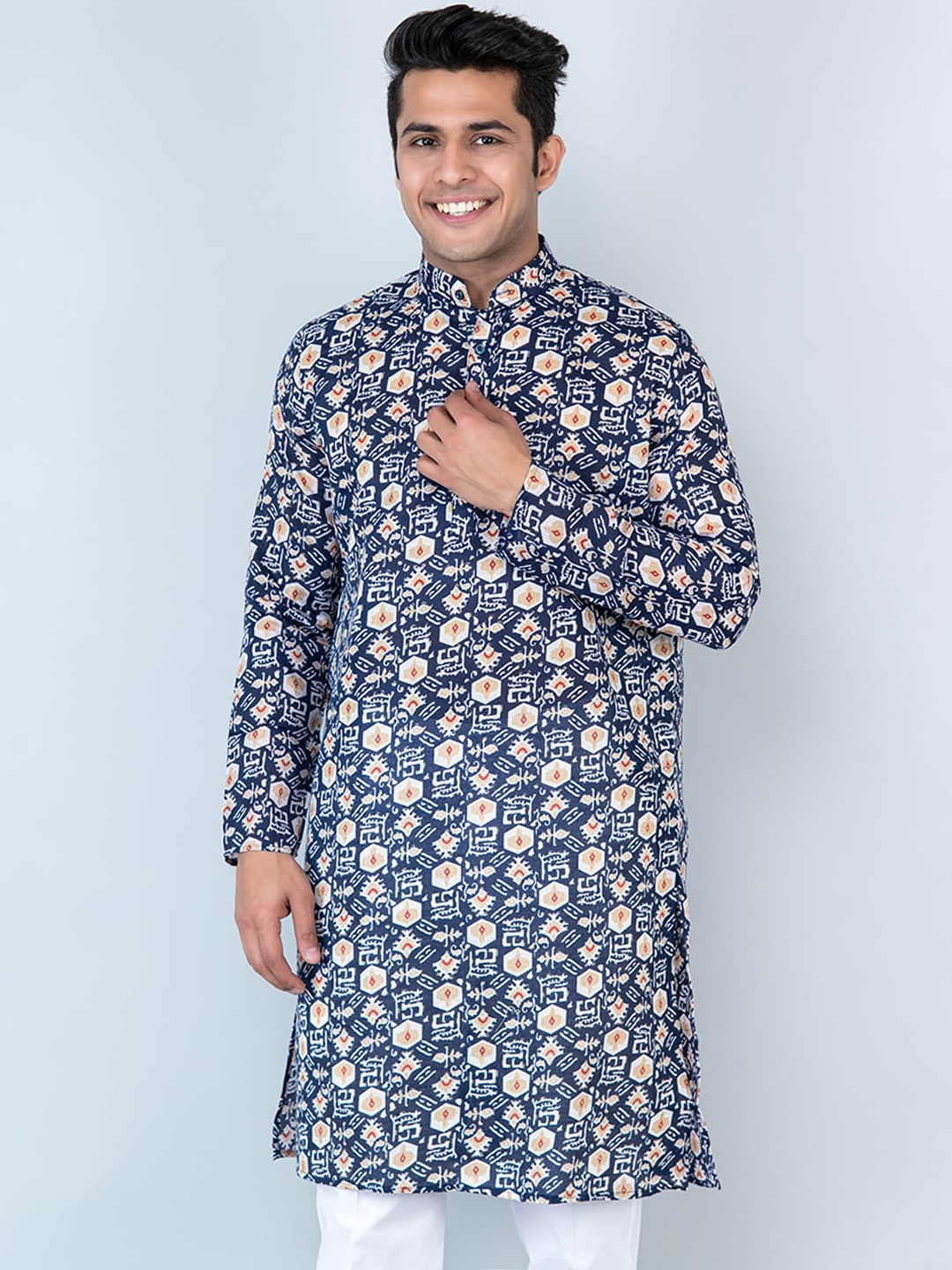 

Tistabene Ethnic Motif Printed Mandarin Collar Cotton Kurta, Blue