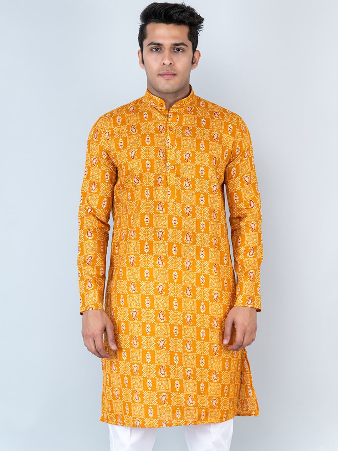 

Tistabene Paisley Printed Mandarin Collar Pure Cotton Kurta, Mustard