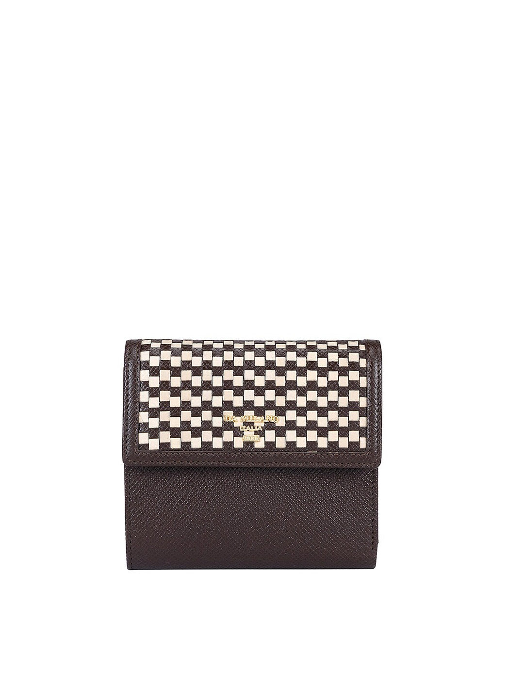 

Da Milano Women Checked Textured Leather Three Fold Wallet, Brown