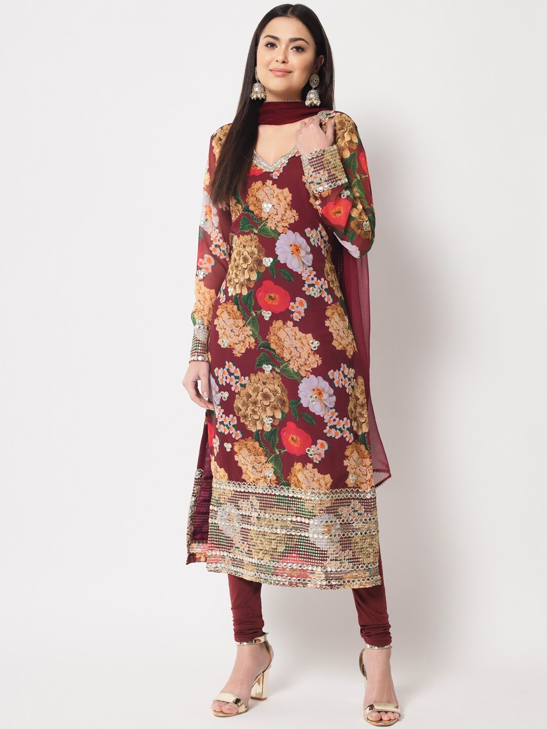 

anokherang Floral Printed V Neck Thread Work Kurta with Legging & Dupatta, Burgundy