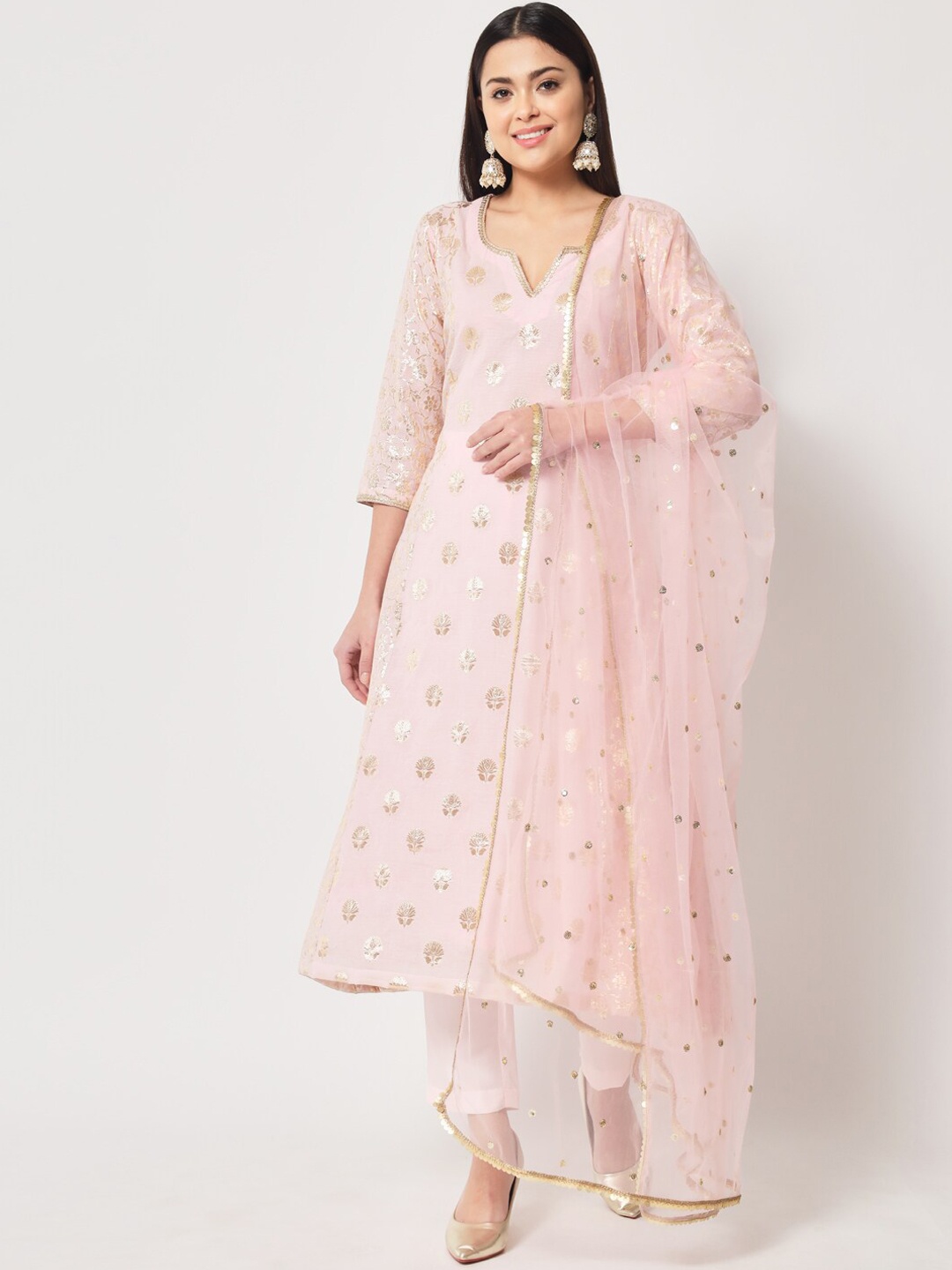 

anokherang Floral Woven Design Sequinned Chanderi Cotton Kurta With Trousers & Dupatta, Pink