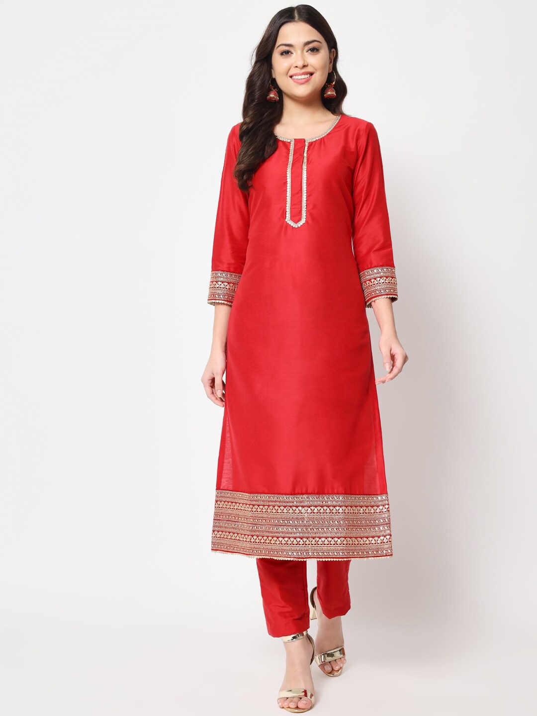 

anokherang Yoke Design Sequinned Kurta with Trousers, Red