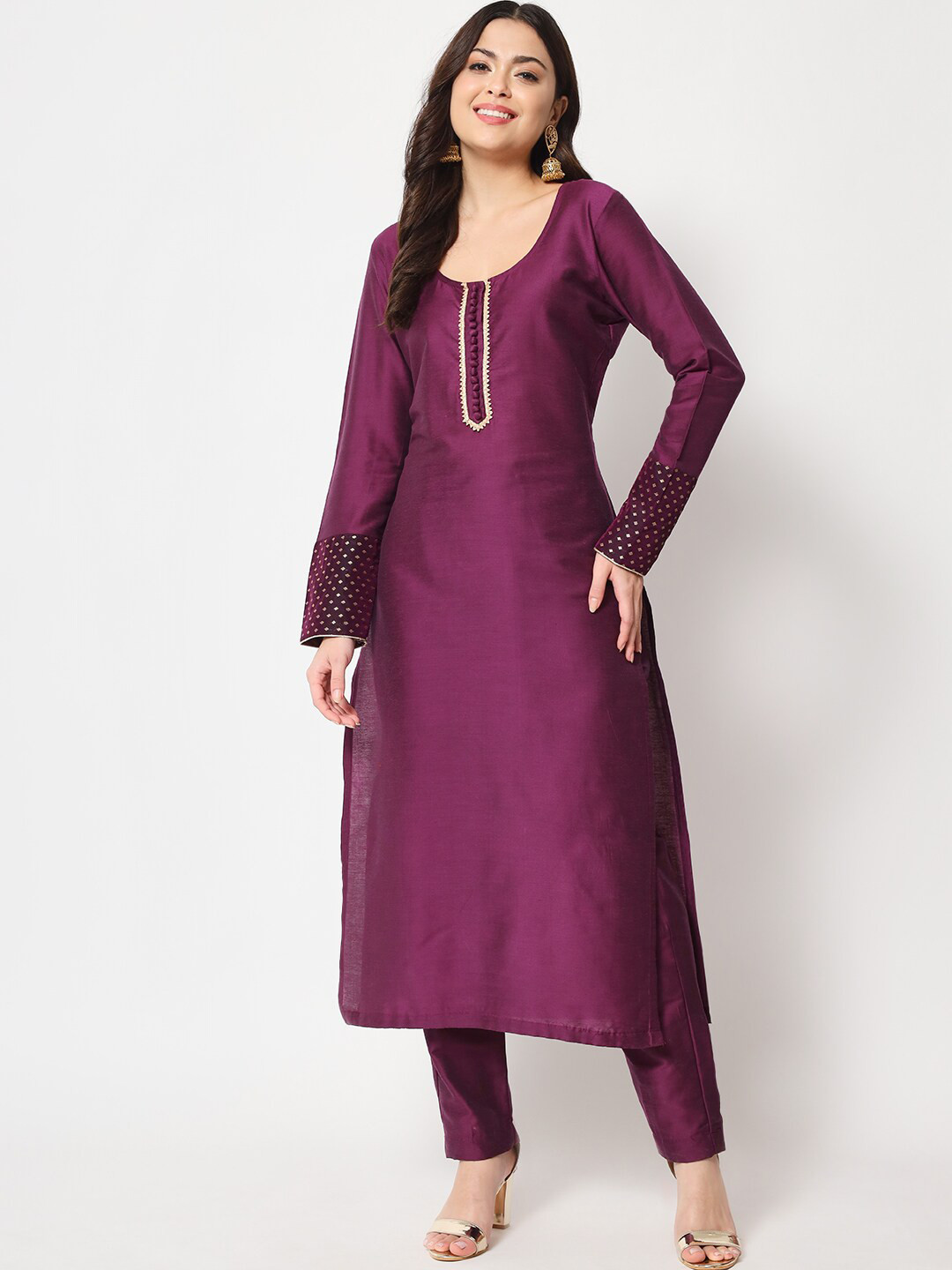 

anokherang Round Neck Silk Blend Kurta With Trousers, Purple
