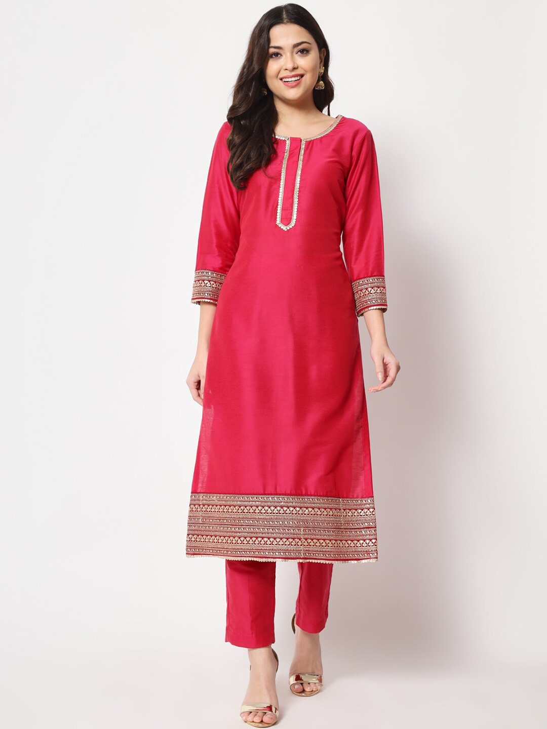 

anokherang Ethnic Motifs Embroidered Zari Kurta with Trousers, Pink