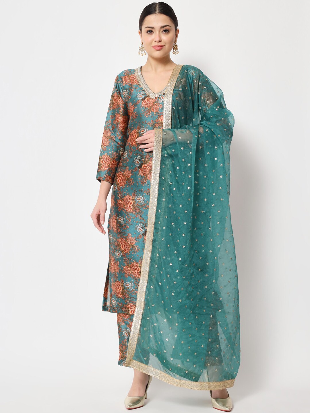 

anokherang Floral Printed Gotta Patti Pure Silk Kurta with Trousers & Dupatta, Green