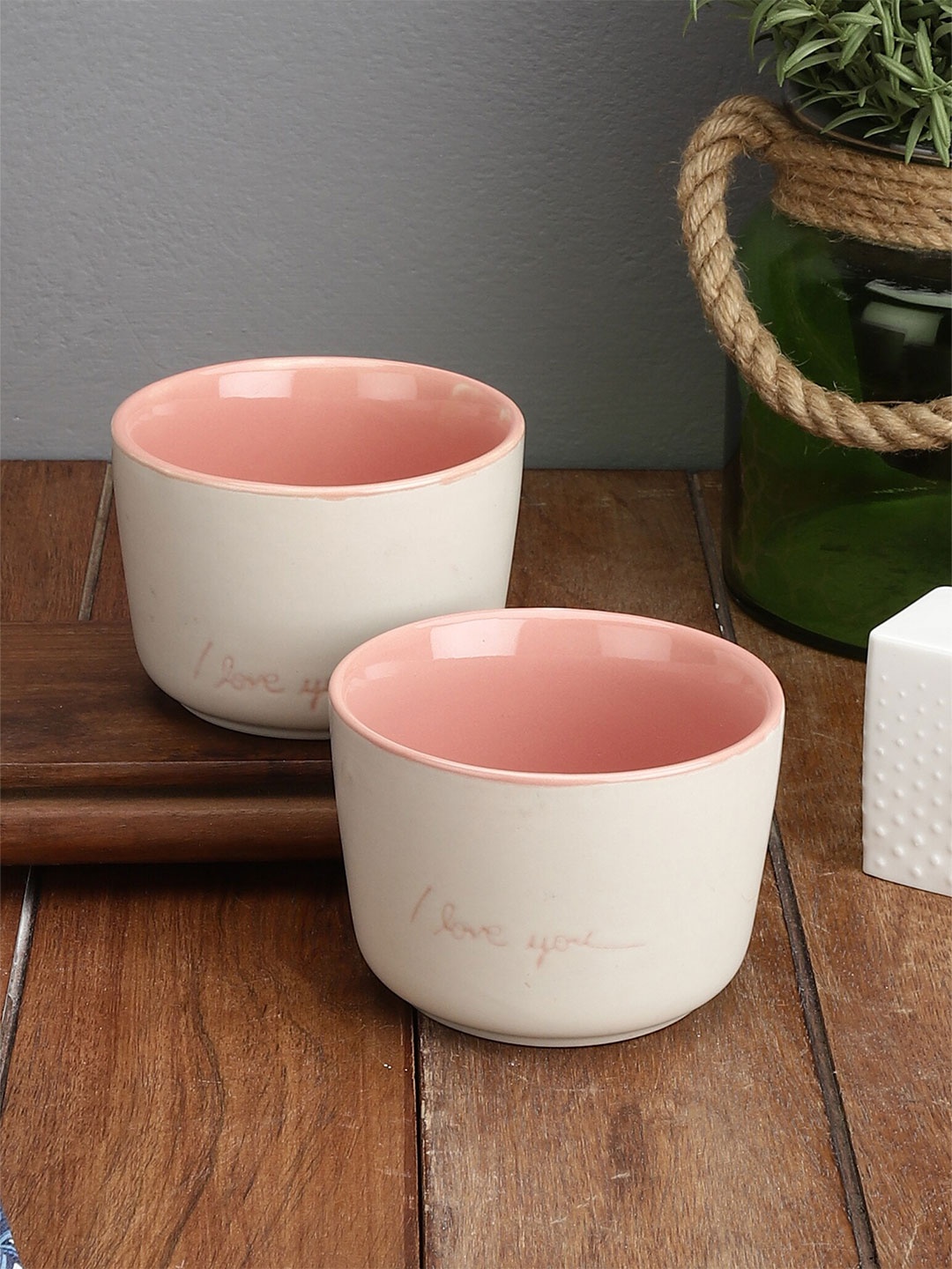 

MIAH Decor Cream-Coloured & Pink 2 Pieces Ceramic Glossy Bowls