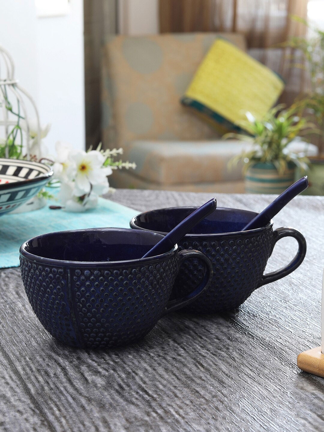 

Miah Decor Pack of 2 Stoneware Handcrafted Dotted Surface Pattern Ceramic Soup Bowls, Navy blue