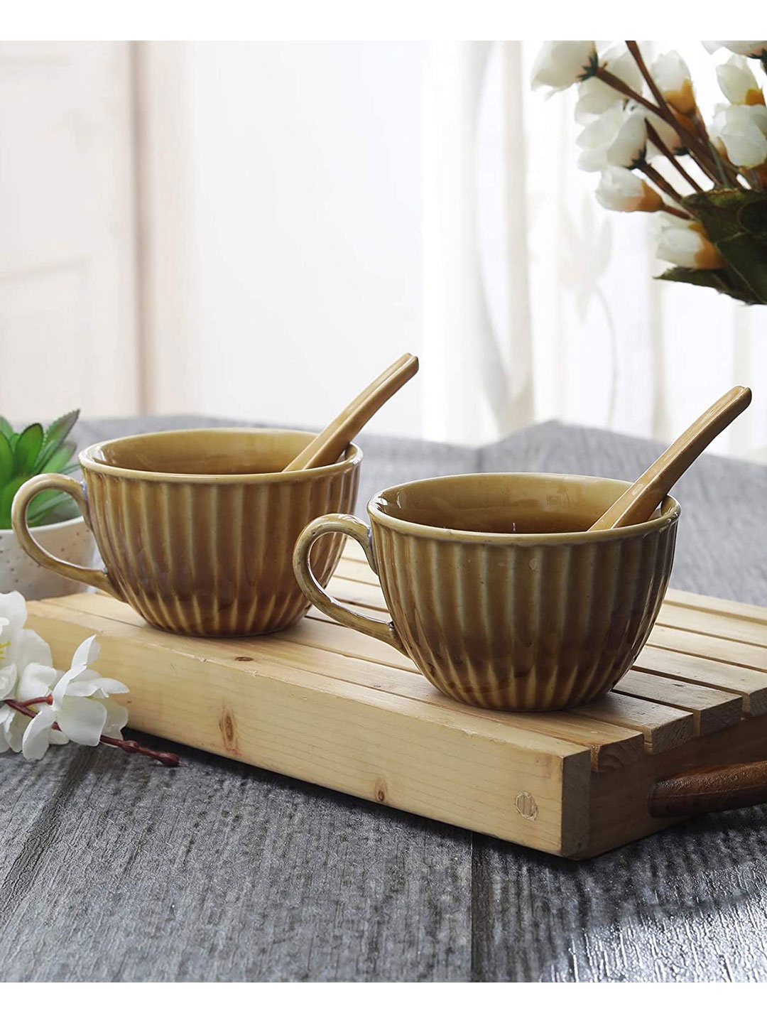 

Miah Decor Pack of 2 Stoneware Ceramic Handcrafted Ribbed Glaze Rich Soup Bowls, Brown