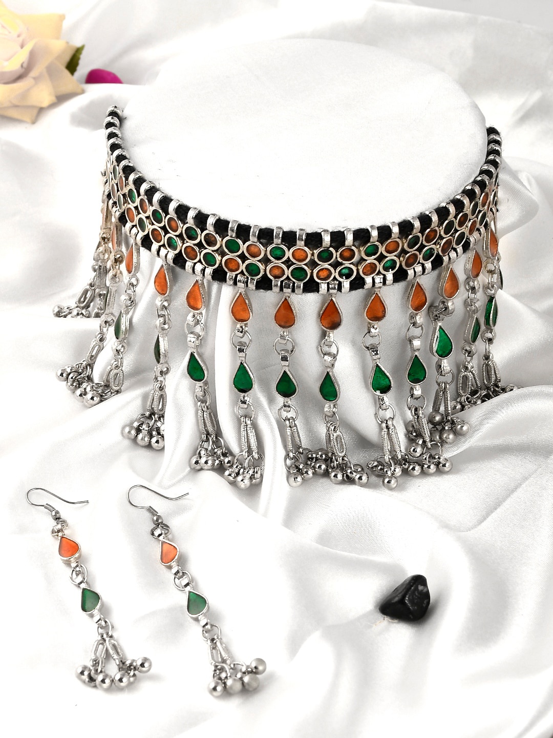 

AQUASTREET JEWELS Oxidised Silver-Plated Stone Studded Necklace & Earrings Set, Yellow