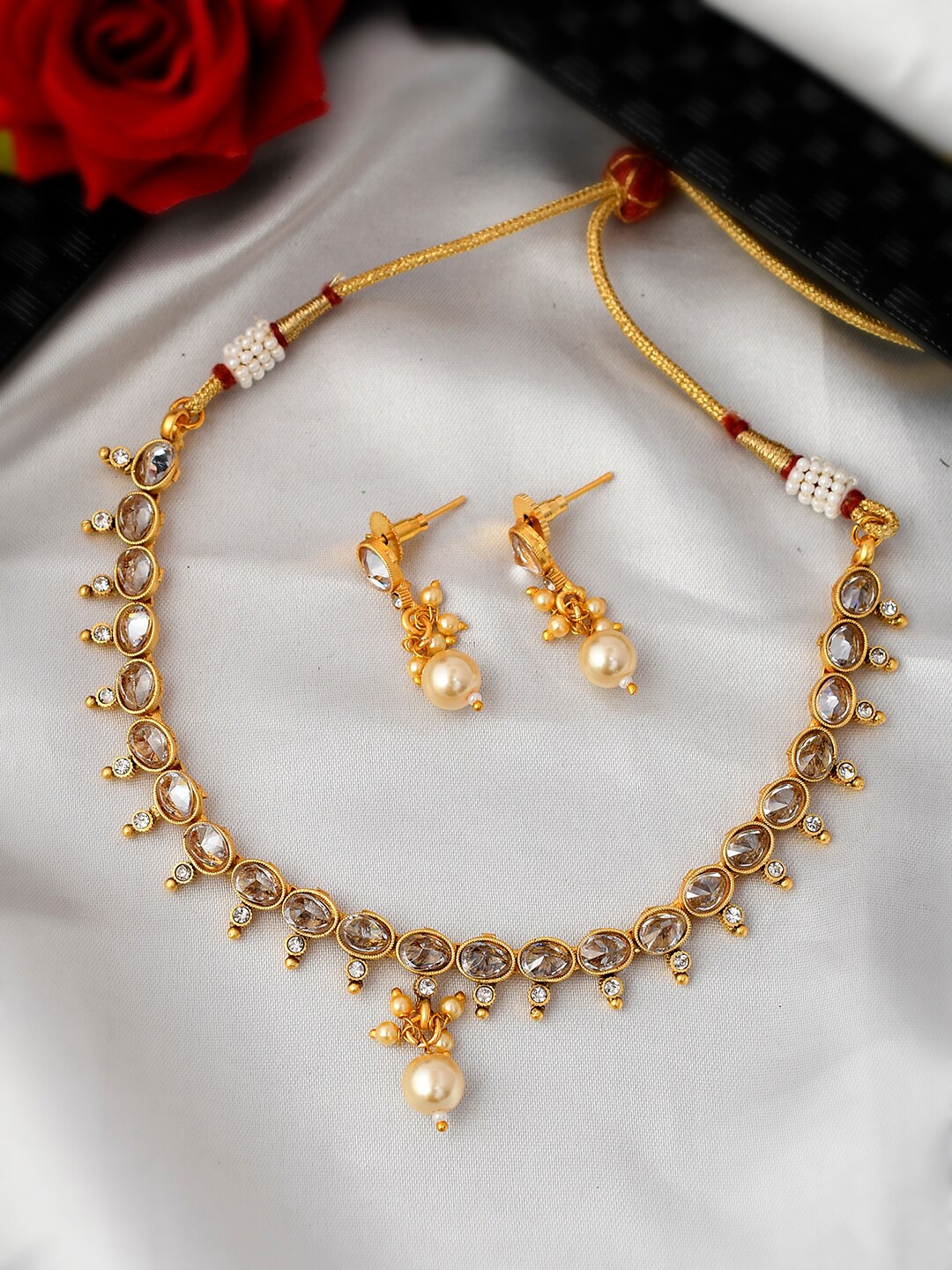 

AQUASTREET JEWELS Gold-Plated Stone-Studded Copper Necklace & Earrings Set