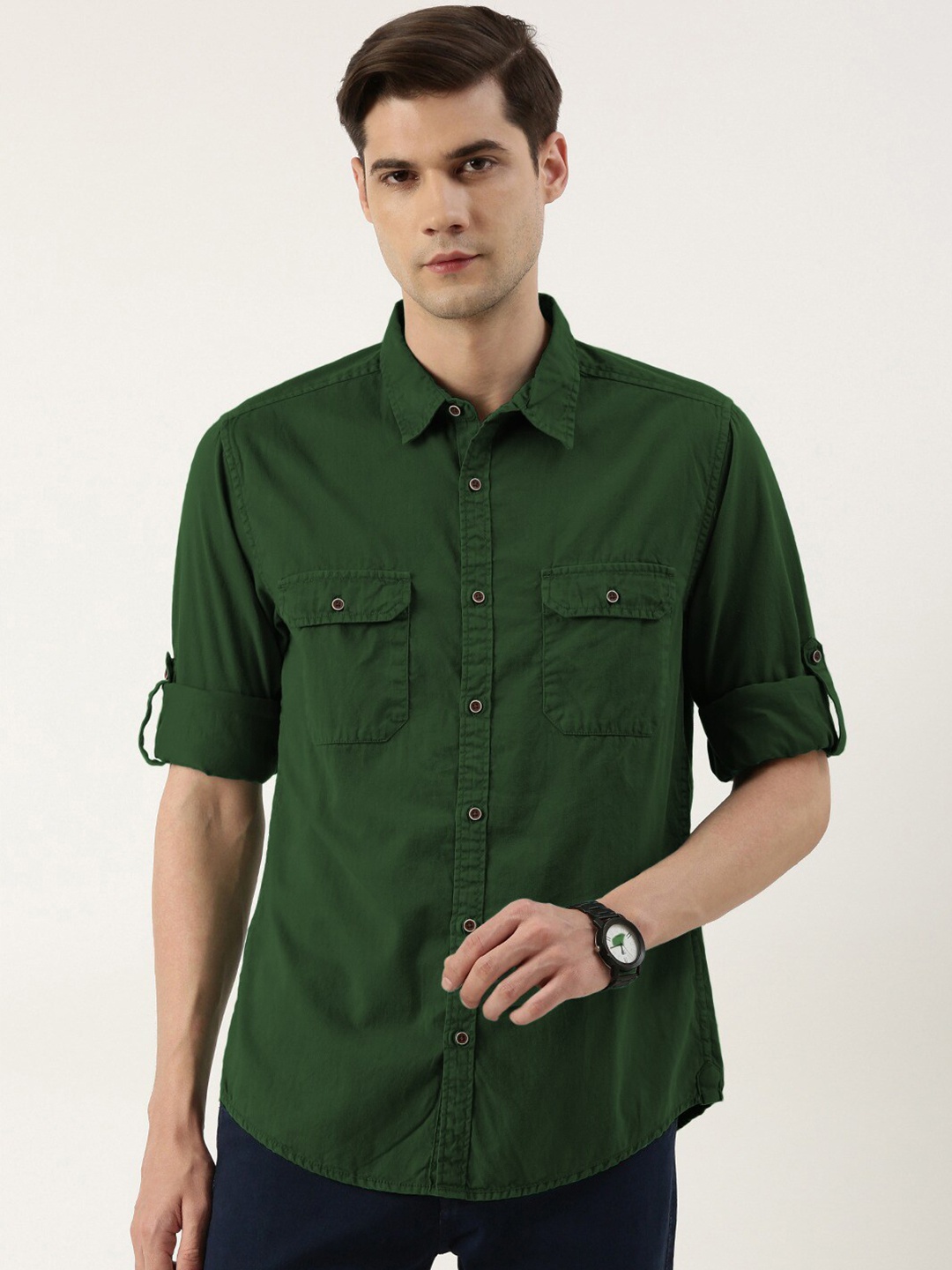 

IVOC Spread Collar Cotton Casual Shirt, Green