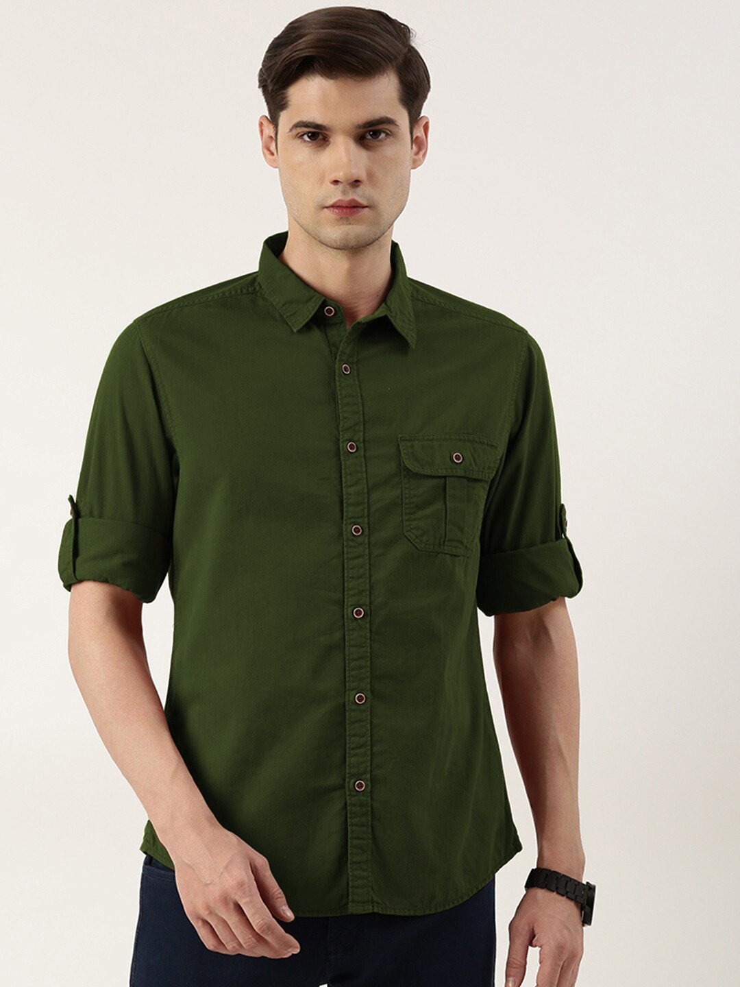 

IVOC Spread Collar Pure Cotton Casual Shirt, Olive