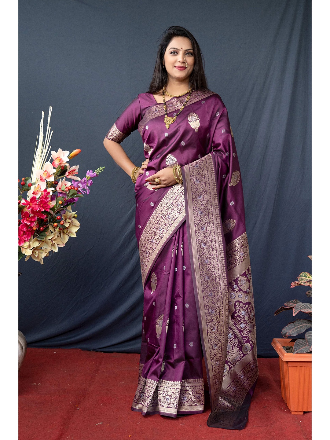 

Anaita Ethnic Woven Design Zari Pure Silk Banarasi Saree, Purple