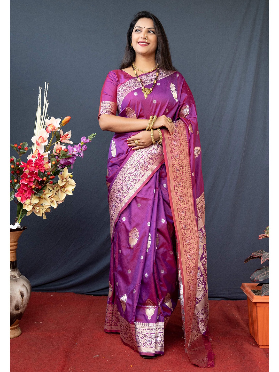 

Anaita Ethinic Motifs Zari Pure Silk Banarasi Saree, Purple