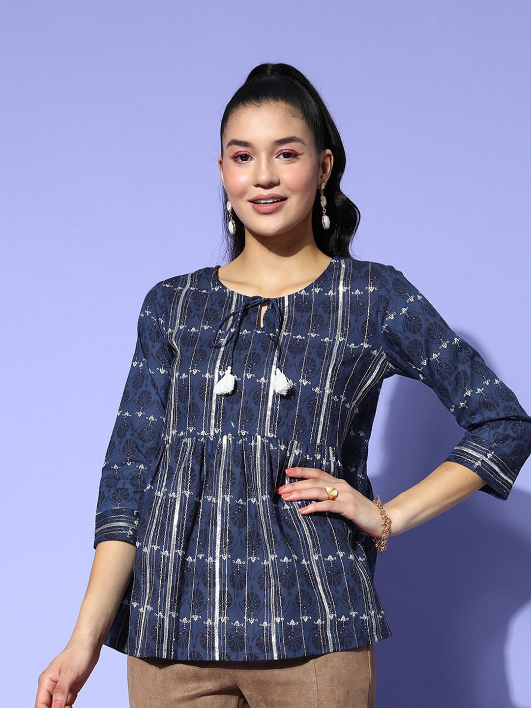 

Ishin Ethnic Motifs Printed Embroidered A-Line Top, Blue