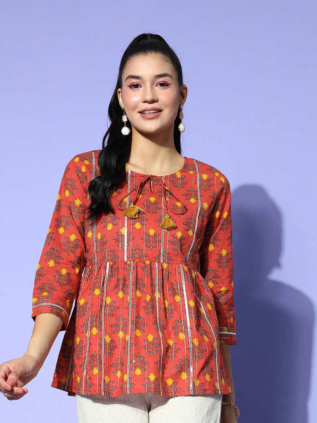 

Ishin Floral Print Block Print Top, Rust