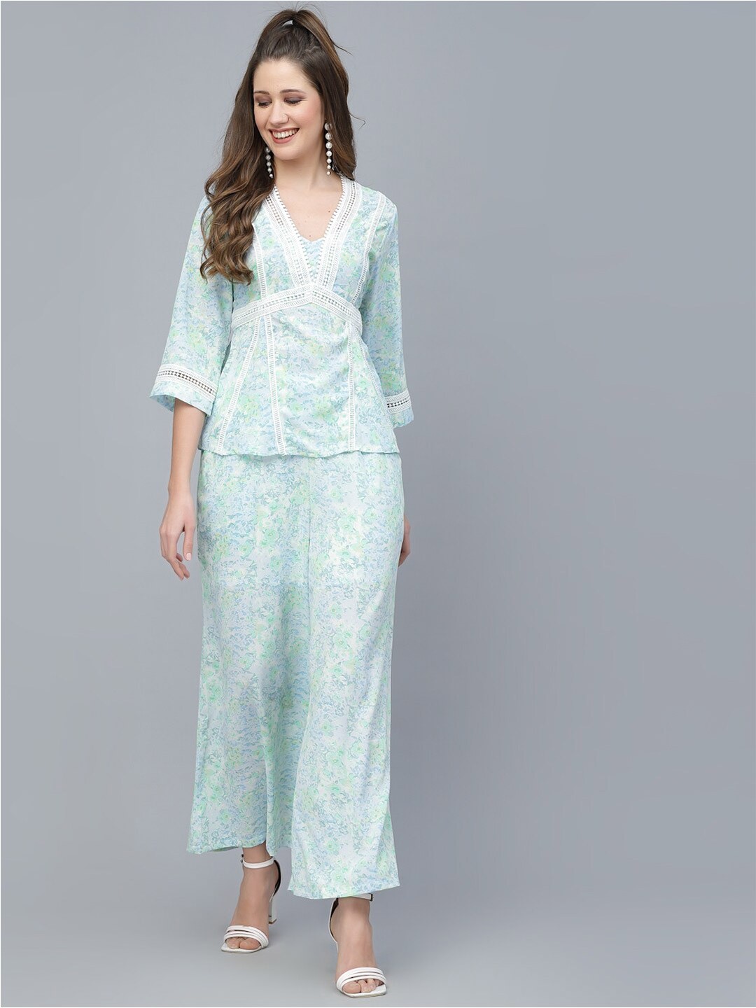 

Mafadeny Floral Printed Top With Palazzo, Green