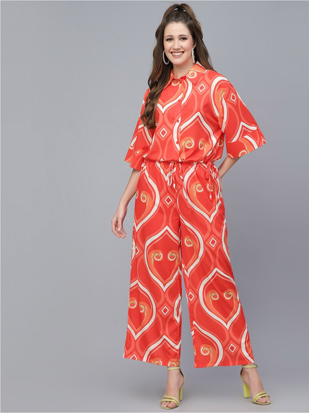 

Mafadeny Abstract Printed flared Sleeves Shirt And Palazzo, Red