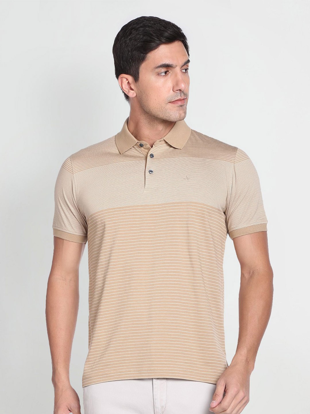 

Arrow Horizontal Stripes Striped Polo Collar Cotton T-Shirt, Beige