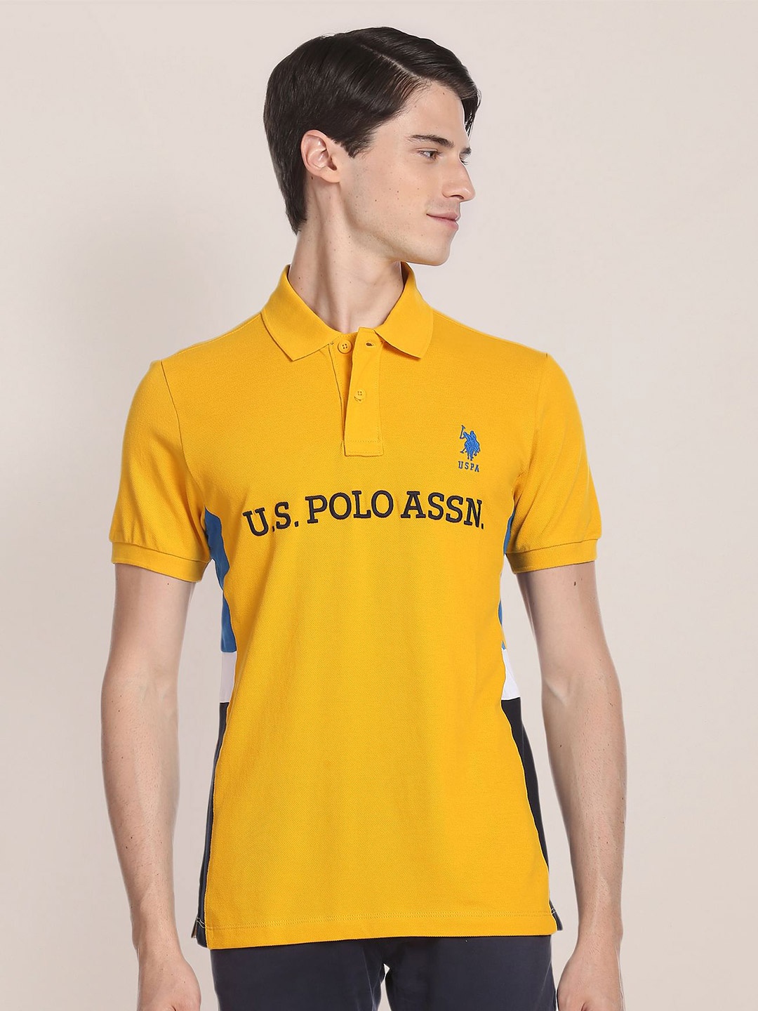 U.S. Polo Assn. Sunwashed Spring Collection Printed Polo Collar Pure Cotton T-shirt, Yellow