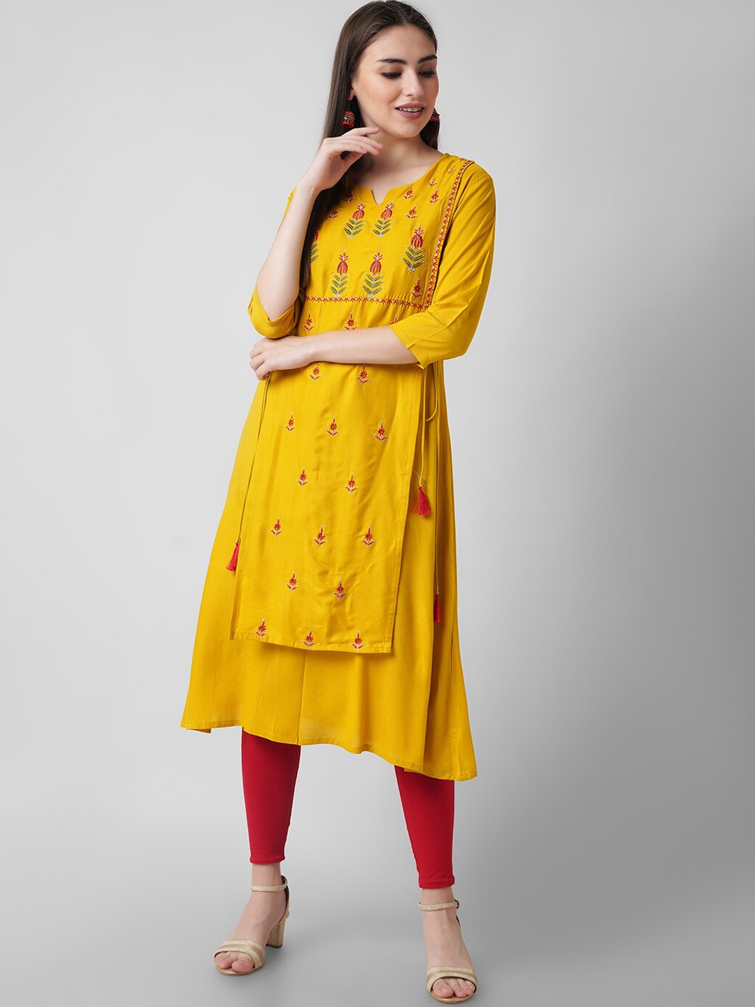 

KALINI Ethnic Motifs Embroidered Notch Neck Thread Work Layered Kurta, Mustard