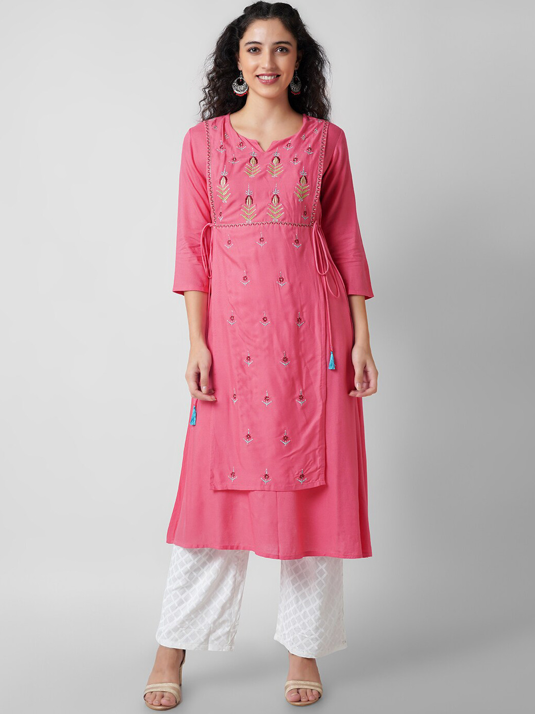 

KALINI Floral Embroidered Layered Kurta, Peach