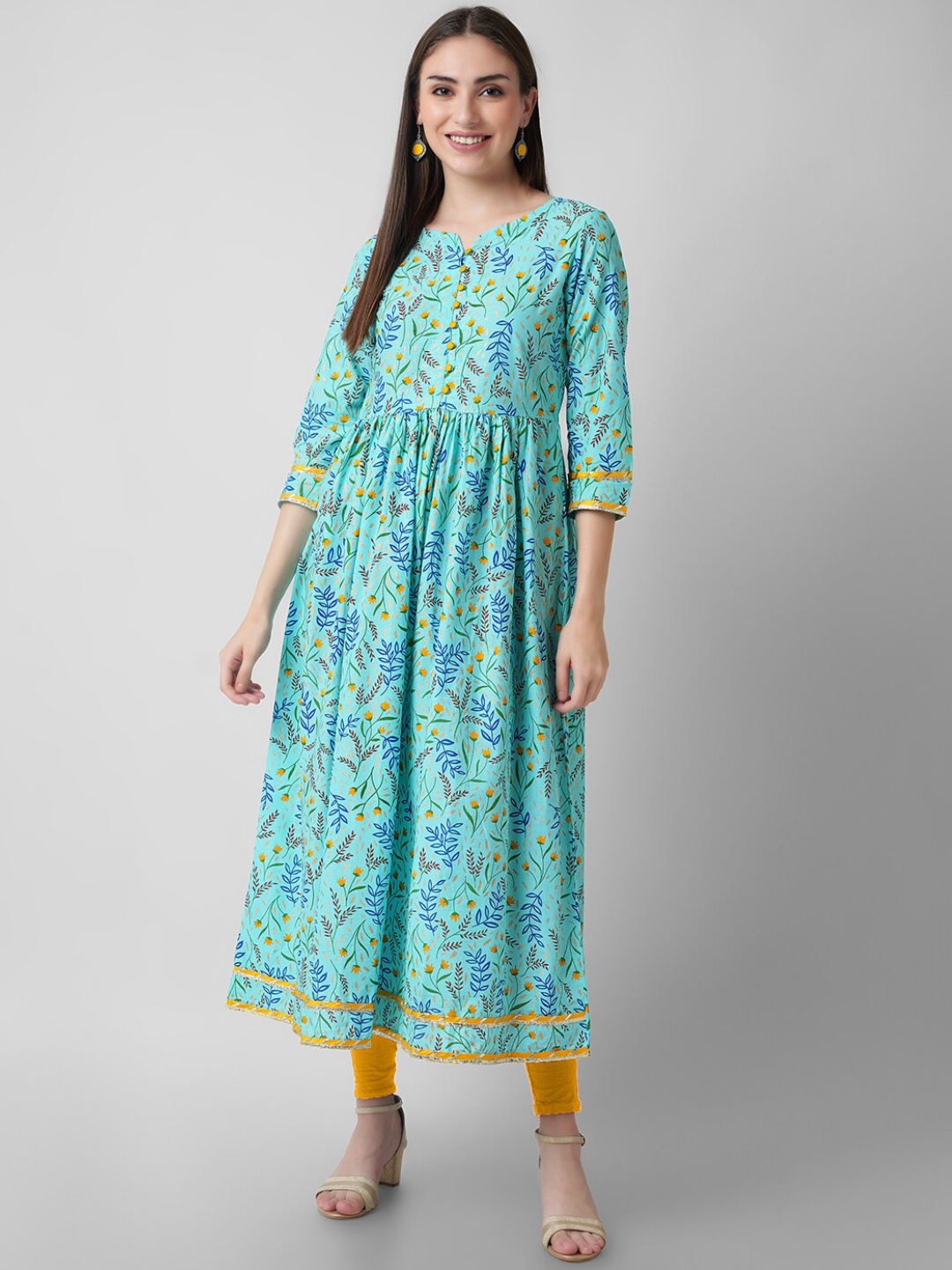 

KALINI Ethnic Motifs Printed Pleated A-Line Pure Cotton Kurta, Blue